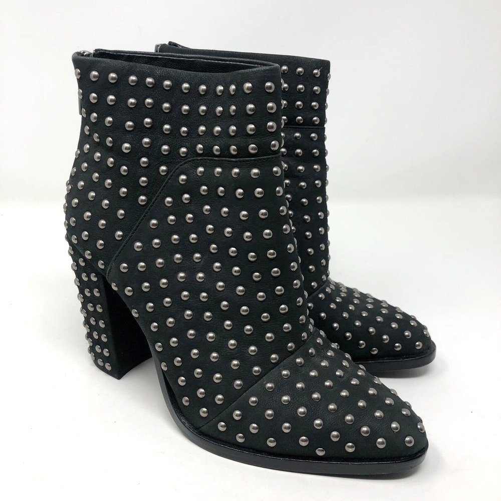 Mercer Edit Black Leather Full Monty Studded Booties Womens 6.5 Almond Toe 4"